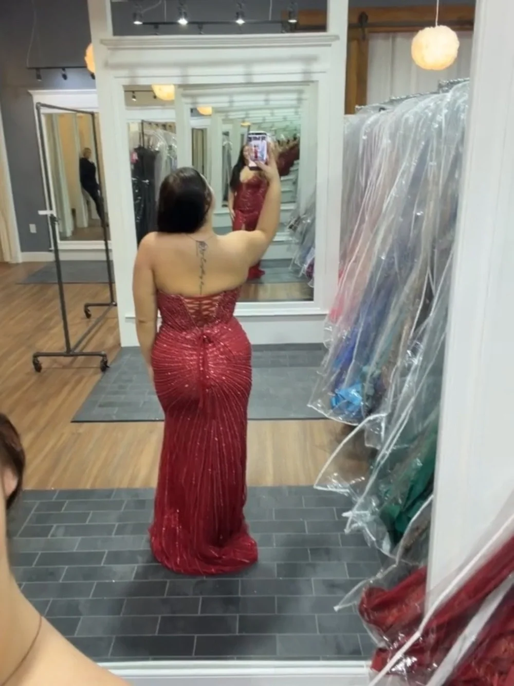 Plunging Beaded Burgundy Evening Gown - Picture 4 of 6
